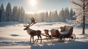 A reindeer pulls a wooden sleigh through a snowy landscape under a bright sun. photo