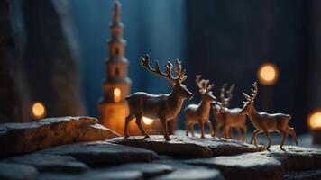 A serene scene featuring miniature deer near a tower in a mystical setting. photo
