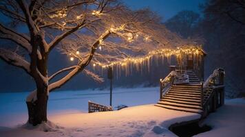 A serene winter scene featuring a snow-covered tree adorned with lights by a wooden structure. photo
