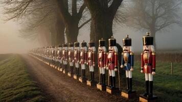 A row of colorful nutcracker figures standing along a misty pathway in a serene landscape. photo