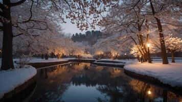 Serene winter landscape with snow-covered trees and a calm reflective river at dusk. photo