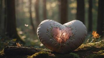 A heart-shaped pillow rests on a forest floor, illuminated by soft light, creating a serene atmosphere. photo