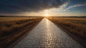 A serene pathway through golden fields leading to a sunset, evoking tranquility and journey. photo