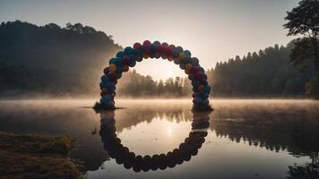 A colorful balloon arch reflected in a serene lake at sunrise, creating a whimsical atmosphere. photo