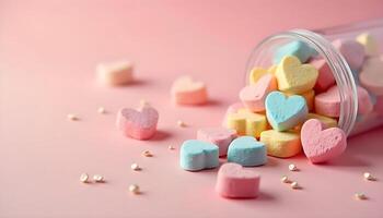Multi color heart shaped marshmallow candies falling out from jar photo