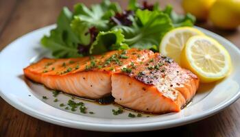 roasted salmon steak with lettuce and lemons served on white plate on wooden table photo
