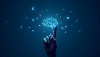 artificial intelligence human hand touching the brain photo