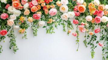 Floral decoration featuring hanging roses and greenery in a minimalist setting photo