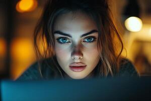 Young woman focused on reading while surrounded by warm lights in a cozy setting photo