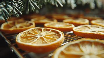 Dried orange slices arranged neatly on a cooling rack with soft light filtering through greenery photo