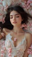 Young woman in delicate lace lying among pink flowers in soft light photo