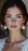 Beautiful model with blue eyes and golden earrings posing against a simple background photo