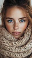 Beautiful young woman wrapped in a cozy scarf with striking blue eyes in a winter setting photo