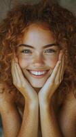 Smiling young woman with curly hair and freckles expressing joy in a natural setting photo