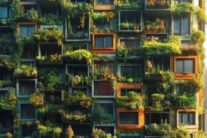 Vertical garden architecture enhances urban living in a city apartment block photo