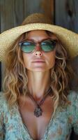 Woman wearing sunglasses and a straw hat in a natural outdoor setting on a sunny day photo
