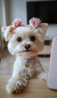 Cute small dog with pink bow headband posing indoors on a blue blanket photo
