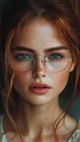 Young woman with glasses and captivating blue eyes in softly lit setting photo