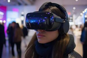 Virtual reality experience captivates a young participant at a technology event photo