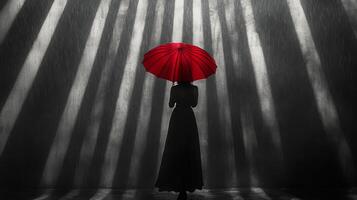 Woman holding a red umbrella in the rain during a nighttime setting photo