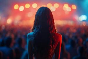 Crowd appreciation at a vibrant concert with engaged audience in the foreground photo