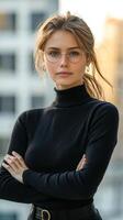 Confident woman in a modern urban setting showcasing professionalism and poise photo