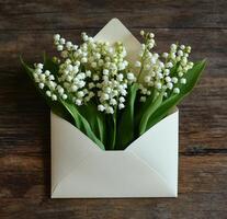 Beautiful arrangement of lily of the valley flowers in an open white envelope on a gray background photo