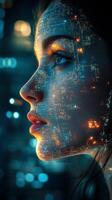Cybernetic woman with digital overlay in futuristic setting photo