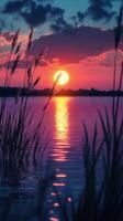 Serene sunset over tranquil lake with tall grass swaying gently in the breeze photo