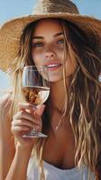 Young woman holding a glass of red wine while wearing a straw hat in a warm setting photo