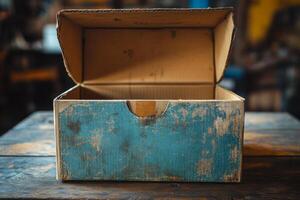 Empty cardboard box placed on a rustic wooden table in a dimly lit room with warm ambient lights photo