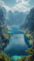 majestuoso montaña paisaje con lozano verdor y un tranquilo lago foto