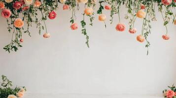 Floral decoration featuring hanging roses and greenery in a minimalist setting photo