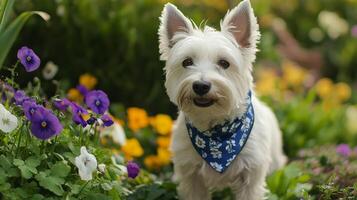 Small white dog with blue bandana in vibrant garden full of flowers during sunny day photo