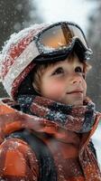 Excited child enjoying snowy winter day in mountains with ski gear photo