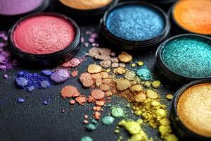Colorful loose pigments arranged in circular containers creating an artistic display photo