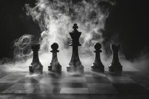 Chess pieces crowned by fog create a dramatic atmosphere in monochrome setting photo