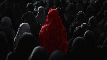Mysterious gathering of cloaked figures with one standout in a striking red cloak photo