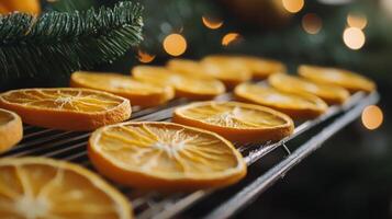 Dried orange slices arranged neatly on a cooling rack with soft light filtering through greenery photo