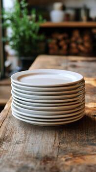 Stacked white plates on wooden table in a rustic environment photo