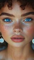 Beautiful model with blue eyes and golden earrings posing against a simple background photo
