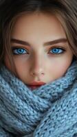 Beautiful young woman wrapped in a cozy scarf with striking blue eyes in a winter setting photo