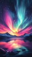 Breathtaking aurora borealis lights up the night sky over serene water landscape photo