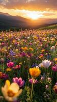 Vibrant flower field at sunset with colorful blooms in mountainous landscape photo