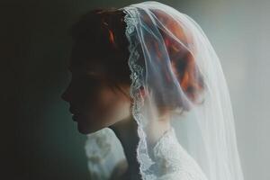 Bridal portrait of a woman with blue eyes and a delicate veil captured in soft light photo
