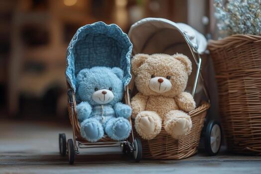 Soft teddy bears in a basket and stroller on wooden surface with warm lighting photo