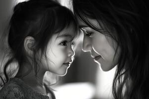 Intimate moment between mother and daughter captured in soft monochrome light photo