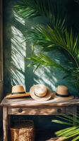 Stylish straw hats displayed creatively against a charming tropical backdrop in a cozy setting photo