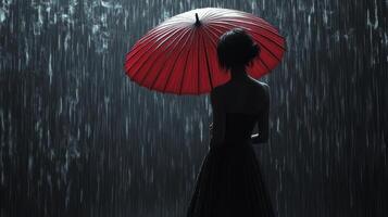 Woman holding a red umbrella in the rain during a nighttime setting photo