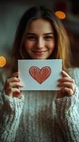 Smiling young woman holds heart drawing against a warm, cozy background in autumn photo